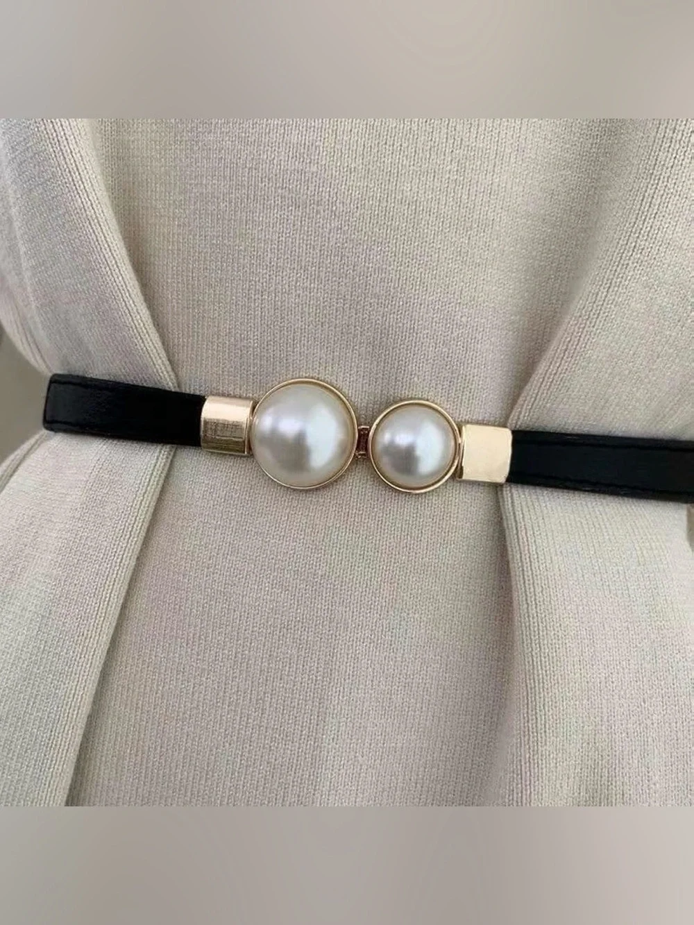 Double Pearl Skinny Elastic Waist Belt - Black Gold Minimalist - Fits S - L - Picture 2 of 8